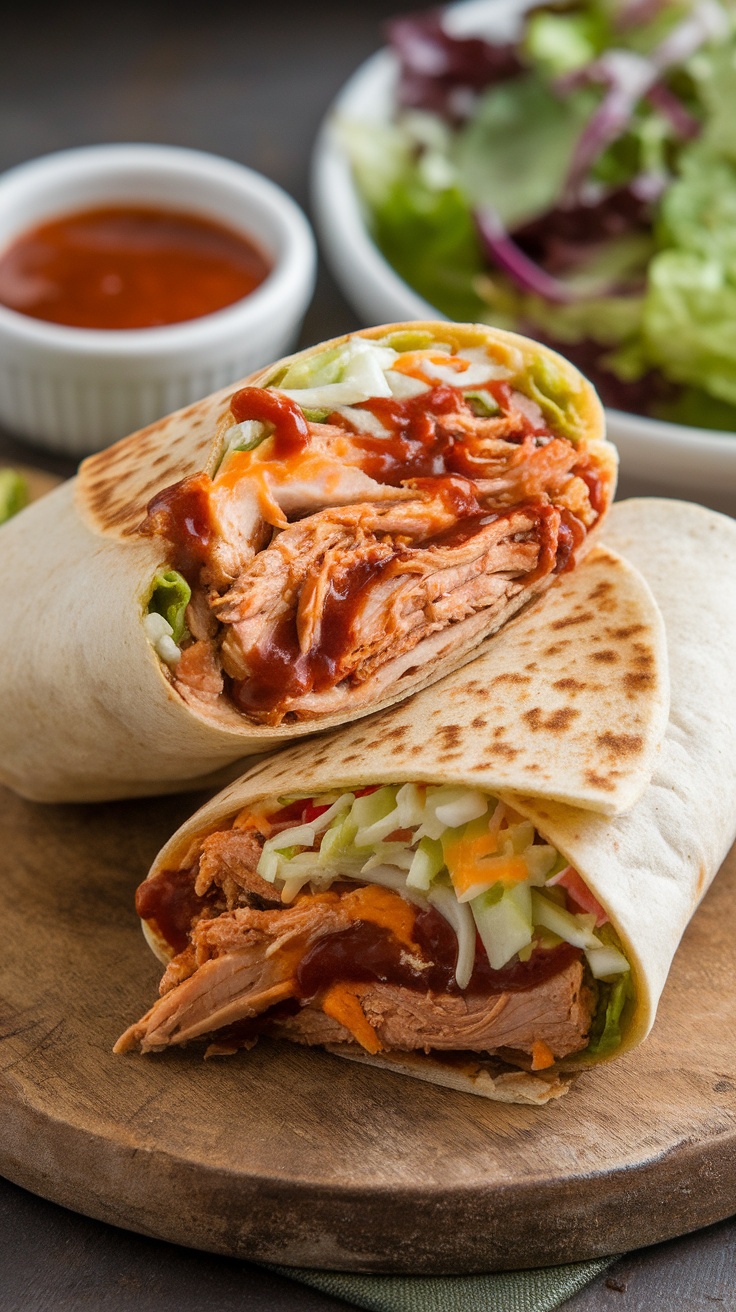 BBQ chicken wrap filled with shredded chicken and coleslaw, served with extra BBQ sauce.